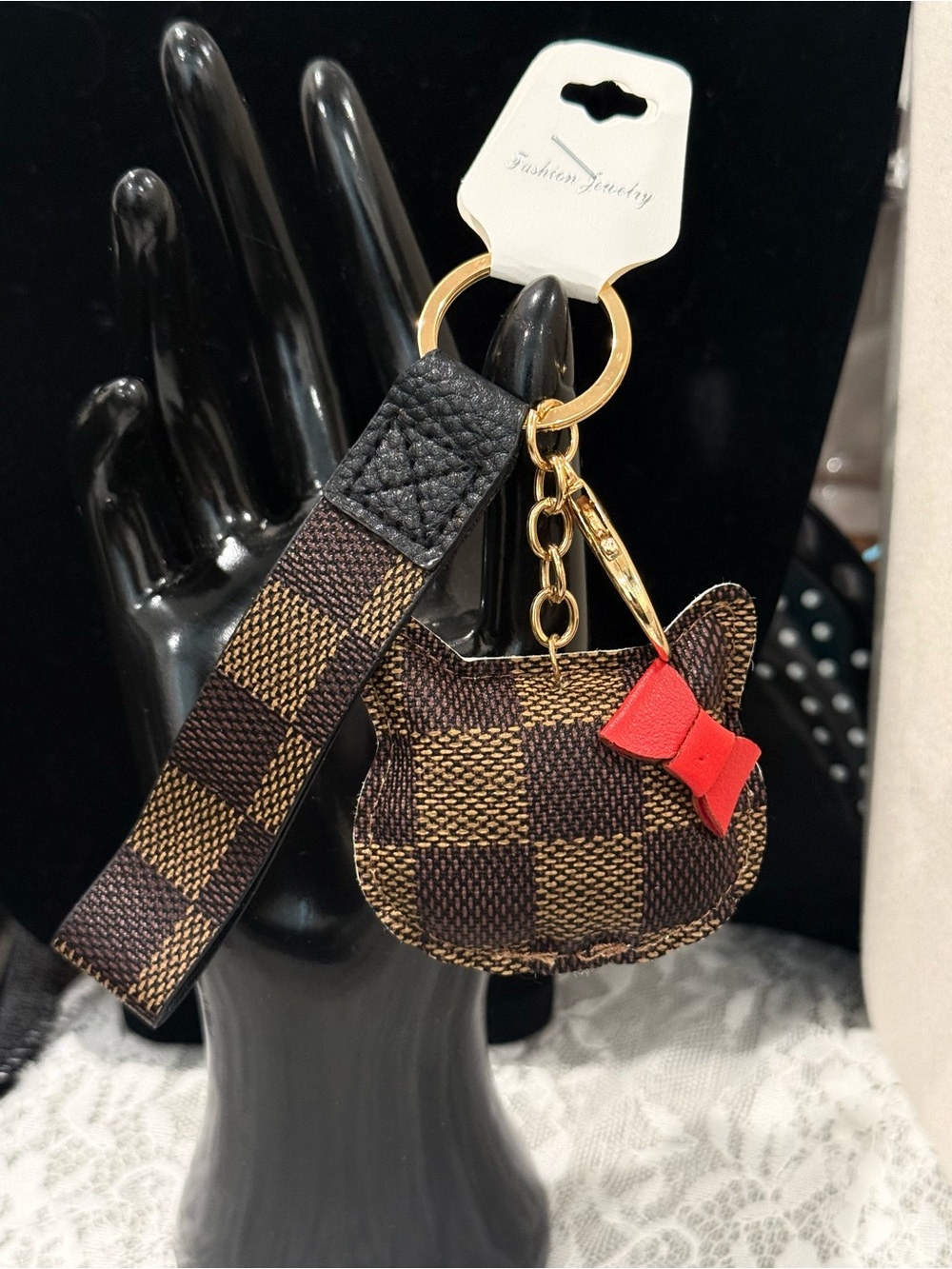 Checkered Cat Keychain with Red Bow